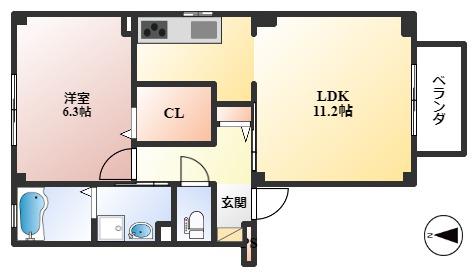 エスポワール北桜塚(1LDK/3階)の間取り写真