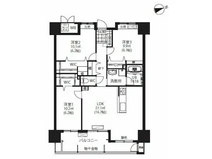 ニューガイア西熊本駅前(3LDK/5階)の間取り写真