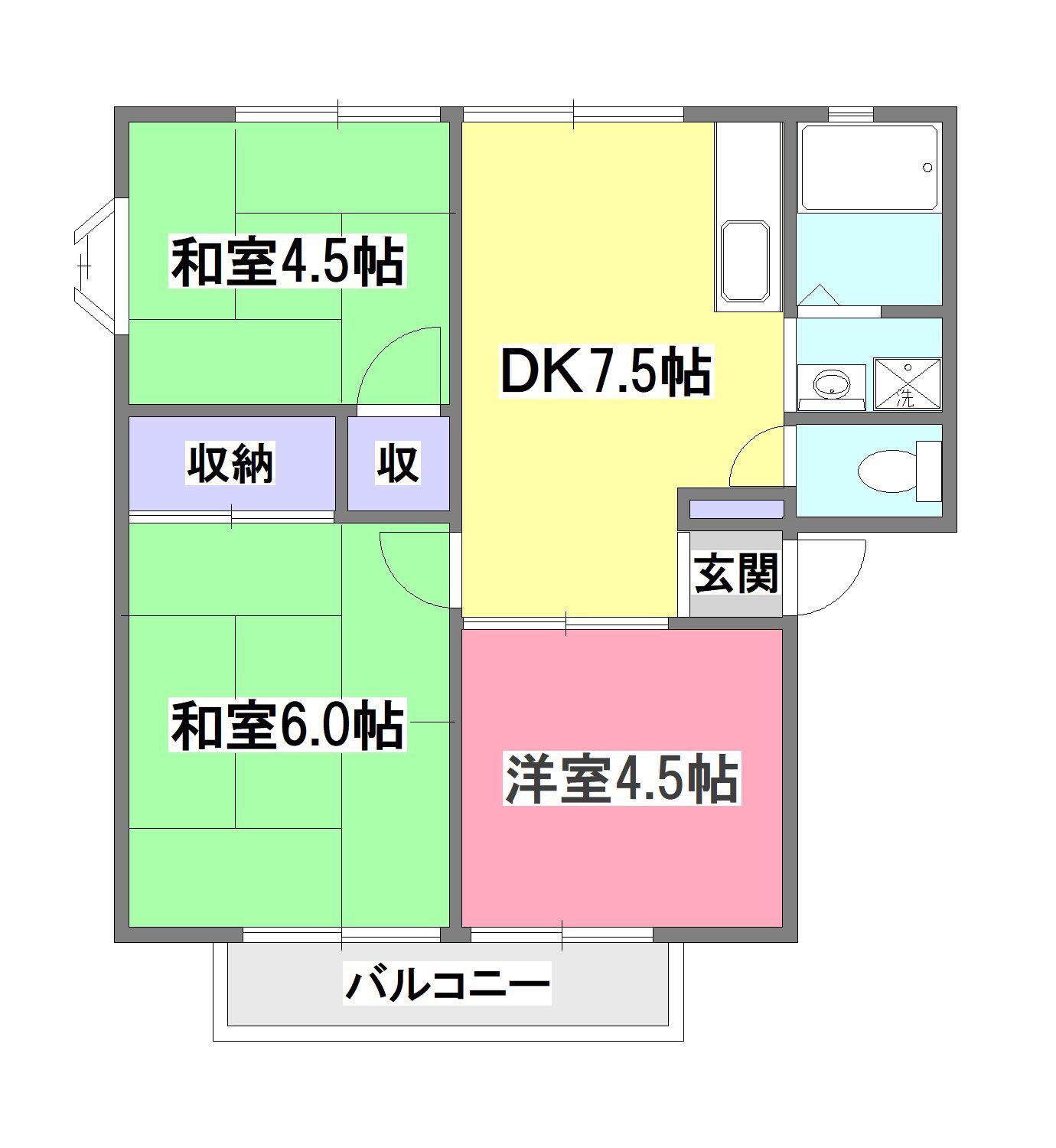 サンビレッジ三沢1号棟(3DK/2階)の間取り写真