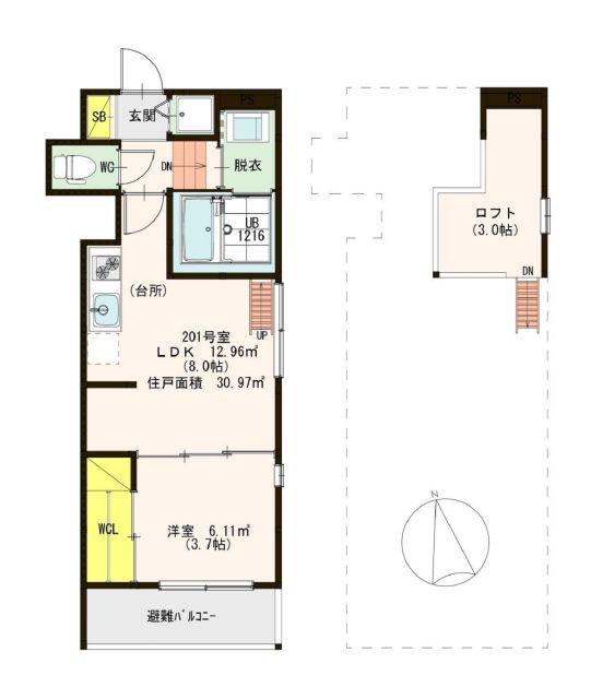 ハーモニーテラス西加賀屋(1LDK/2階)の間取り写真