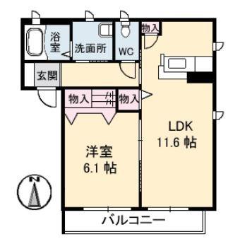 プログレスC棟(1LDK/2階)の間取り写真