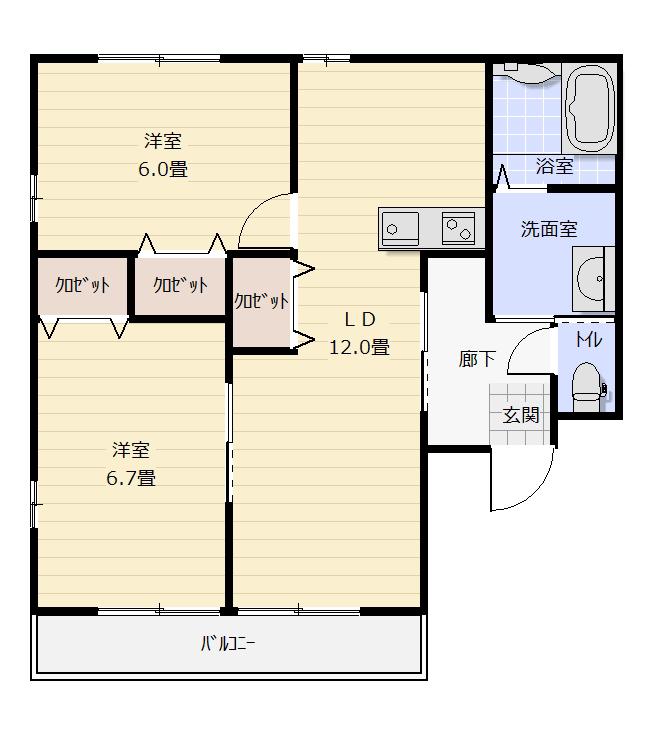 アーシアK(2LDK/2階)の間取り写真