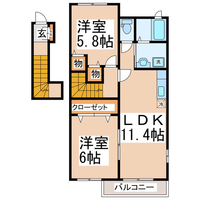 ランドヒルズD・E(2LDK/2階)の間取り写真
