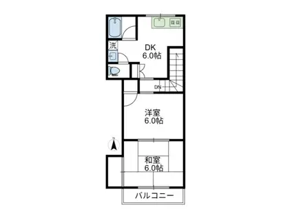 東急東横線 自由が丘駅(東京) 徒歩6分 2階建 築43年(2DK/2階)の間取り写真