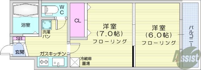 イーグルハイツ宮町(2K/2階)の間取り写真