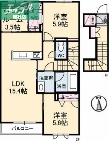 シャーメゾンアリビオA(2SLDK/2階)の間取り写真