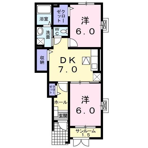 ソレイユ悠久町(2DK/1階)の間取り写真