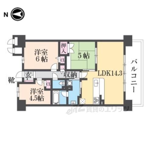 ファインフラッツ山科音羽(3LDK/4階)の間取り写真