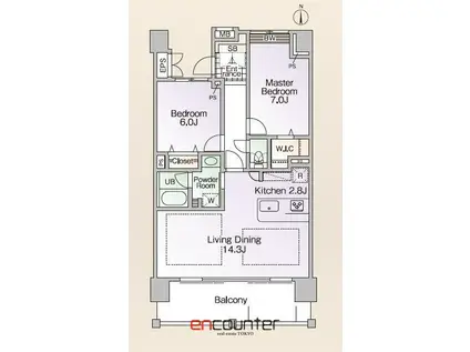 ロイヤルパークス新田(2LDK/6階)の間取り写真