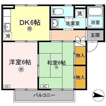 ラビアンローズA棟(2DK/1階)の間取り写真
