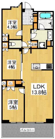 コンフォリア・リヴ八坂富士見(3LDK/4階)の間取り写真