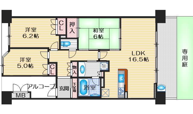 プラウド江坂 グリーンコート(3LDK/1階)の間取り写真