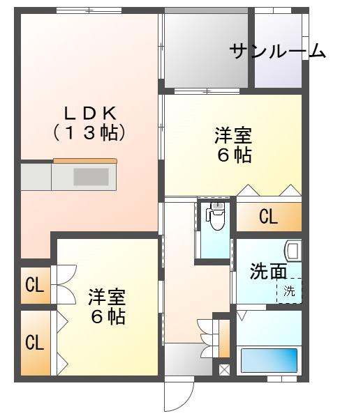 セフィーロきもつき(2LDK/1階)の間取り写真