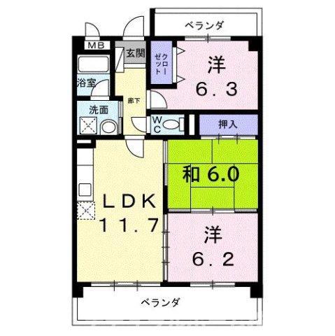 パラマウントビレッジ東岩田 A(3LDK/1階)の間取り写真