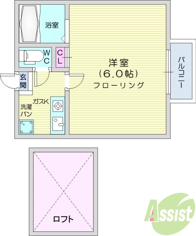 アップルハウス銀杏町B(1K/2階)の間取り写真