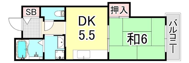 UR浜甲子園さくら街 13号棟(1DK/2階)の間取り写真
