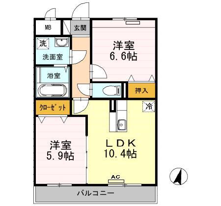 ウィステリアII 205(2LDK/2階)の間取り写真