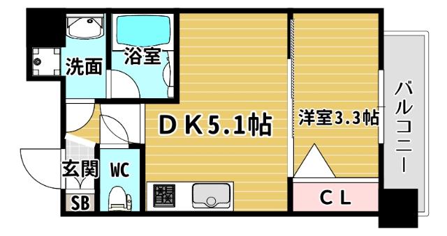 ソルテラス阿波座ウィズ(1DK/13階)の間取り写真