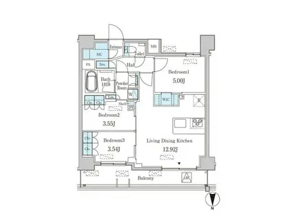 ジェイピーノイエ西蒲田(3LDK/13階)の間取り写真