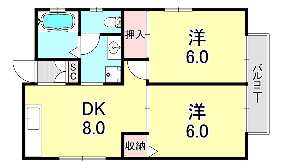 ティーズ潮見台(2DK/1階)の間取り写真