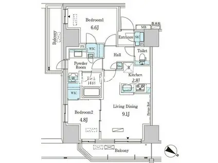 パークアクシス赤羽南(2LDK/9階)の間取り写真