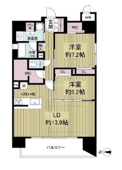 レジュールアッシュ谷町四丁目グランクラス(2LDK/13階)の間取り写真