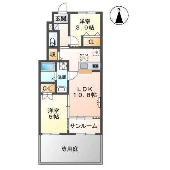富山市黒崎アパート(2LDK/1階)の間取り写真