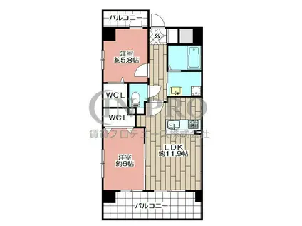 ニューリバー鳥栖(2LDK/8階)の間取り写真