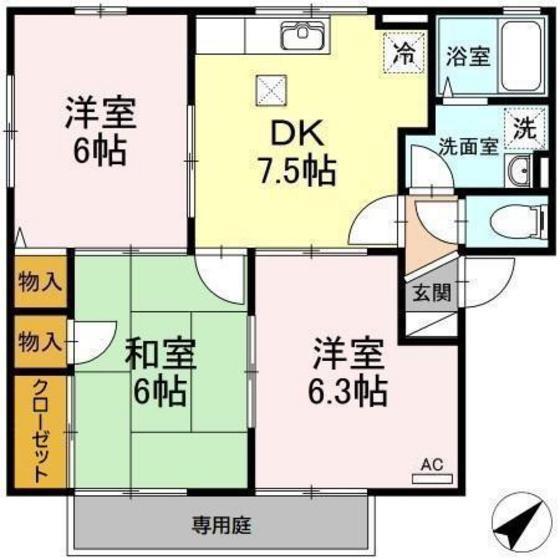 ウィルモアB棟(3DK/1階)の間取り写真