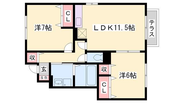 グランドゥール御津 B棟(2LDK/1階)の間取り写真