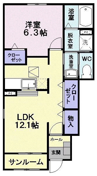 メゾン川原毛(1LDK/1階)の間取り写真