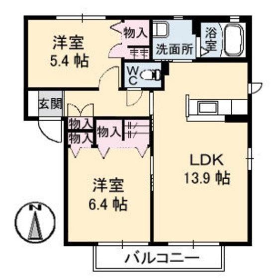 ラウンド・ヒルズII(2LDK/2階)の間取り写真