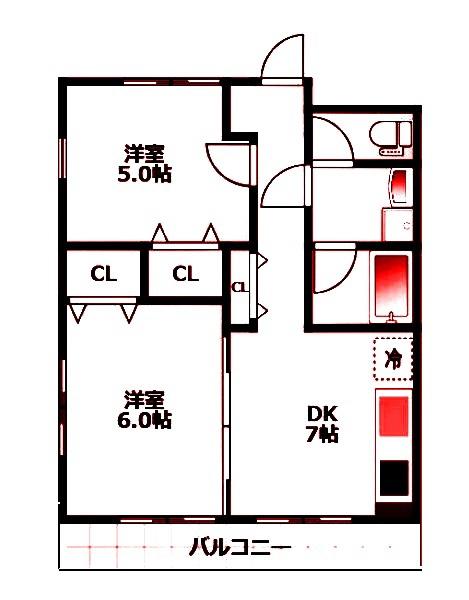ケヤキの庄B(2DK/2階)の間取り写真
