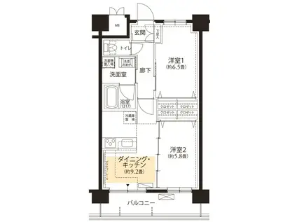 フロール横浜三ッ沢 2番館(2DK/4階)の間取り写真