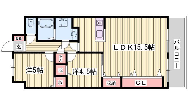 セザール加古川(2LDK/4階)の間取り写真