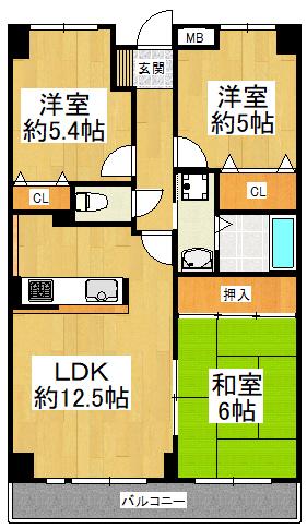 グランパス富田林(3LDK/1階)の間取り写真