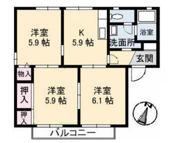 武蔵A棟(3DK/2階)の間取り写真