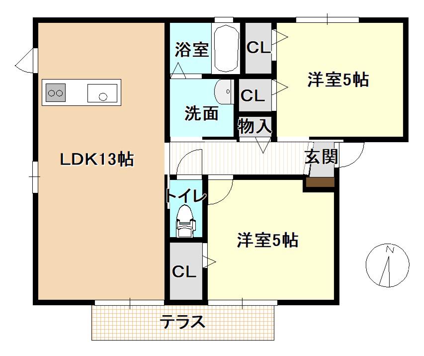 サウスヒルズB(2LDK/1階)の間取り写真