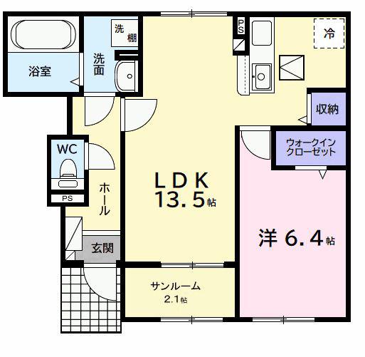 メロー ウインド(1LDK/1階)の間取り写真