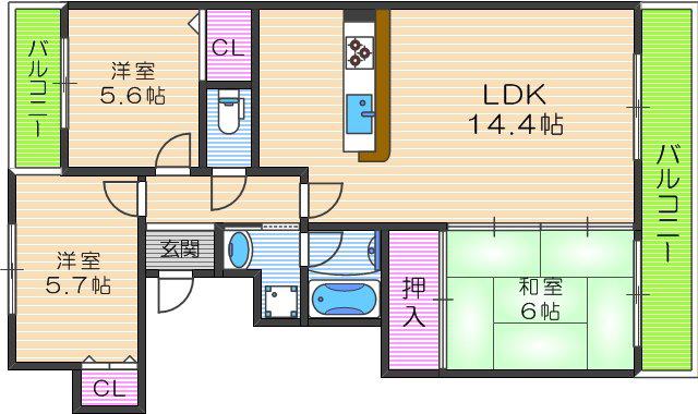 サウスカザ(3LDK/3階)の間取り写真