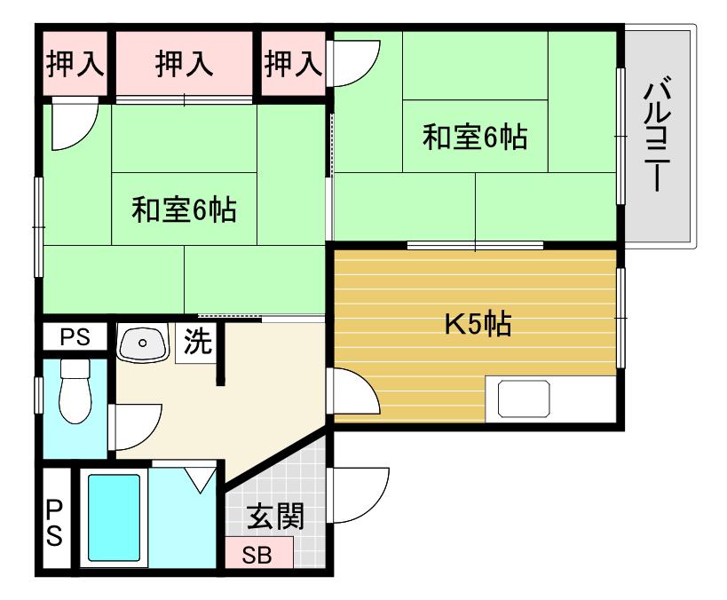 フレグランス五ヶ山(2K/2階)の間取り写真