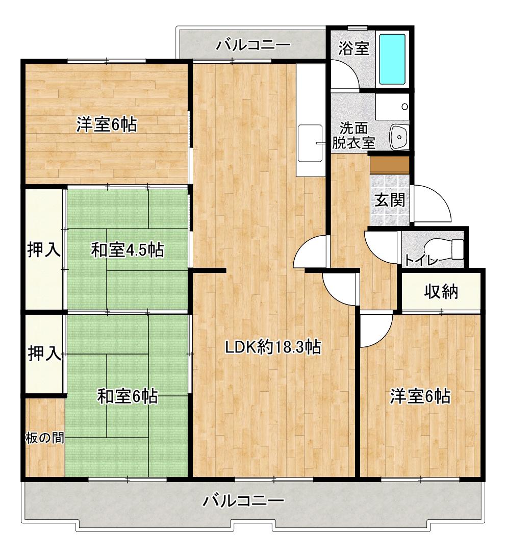 奈多団地7棟(4LDK/5階)の間取り写真