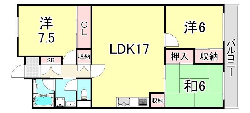 シキボウスターハイツ西宮北口(3LDK/3階)の間取り写真