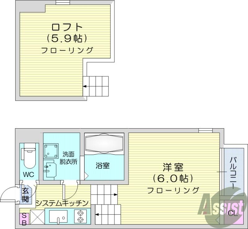 アンバーコート原町(1K/2階)の間取り写真