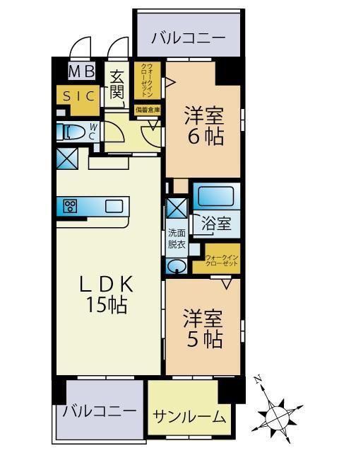 西鉄天神大牟田線 高宮駅(福岡) 徒歩5分 9階建 築2年(2SLDK/3階)の間取り写真