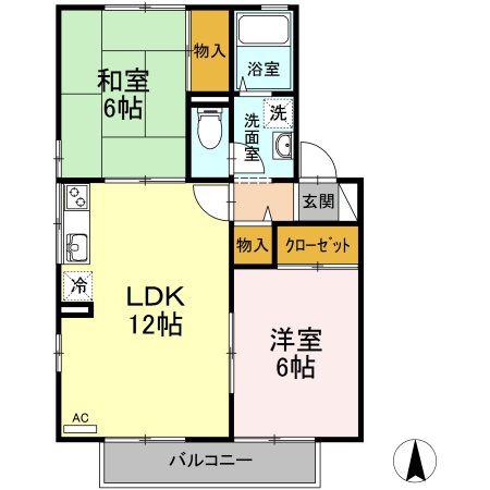 ハイカムール 南 B棟(2LDK/2階)の間取り写真