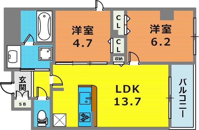 神戸海岸通 萬利RESIDENCE(2LDK/2階)の間取り写真