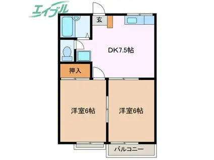 メゾン ヤマナカE棟(2DK/2階)の間取り写真
