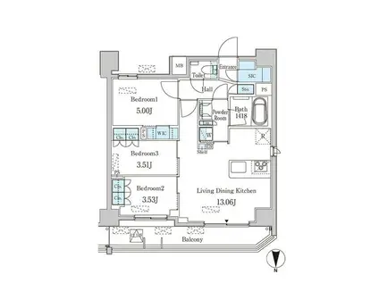 ジェイピーノイエ西蒲田(3LDK/13階)の間取り写真