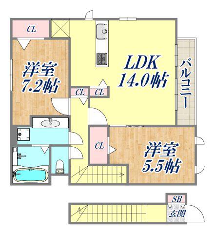 ヴェールエクセラン鈴原北棟(2LDK/2階)の間取り写真